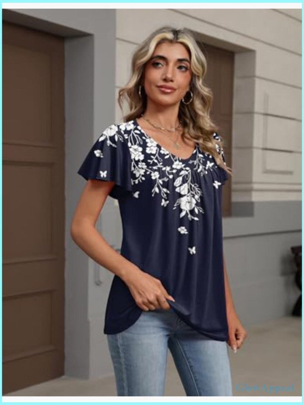 Ruffle Sleeve V-Neck Tunic Blouse, Polyester Spandex, Work Casual Top - Picture 3 of 7